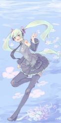 Rule 34 | 1girl, :d, boots, detached sleeves, female focus, flower, full body, gradient background, hatsune miku, headphones, high heels, long hair, masuchi, necktie, open mouth, pale color, plant, pleated skirt, shoes, skirt, smile, solo, standing, standing on one leg, thigh boots, thighhighs, twintails, vocaloid, zettai ryouiki