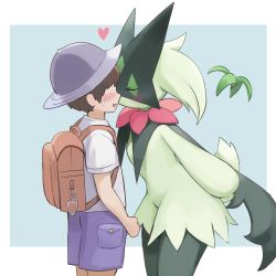 Rule 34 | 1boy, 1other, arms behind back, backpack, bag, blue shorts, blush, closed eyes, creatures (company), embarrassed, erumeruta, faceless, faceless male, florian (pokemon), furry, furry with non-furry, game freak, glitch, green fur, hat, heart, highres, interspecies, kiss, leaning forward, mask, meowscarada, nintendo, pokemon, pokemon sv, pokephilia, school uniform, short tail, shorts, standing, tail, uva academy school uniform