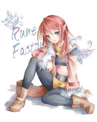 Rule 34 | 1girl, blue eyes, bug, butterfly, copyright name, insect, long hair, looking at viewer, miniskirt, pantyhose, pointy ears, red hair, rune factory, rune factory 3, simple background, skirt, solo, striped, toona, vertical stripes, white background