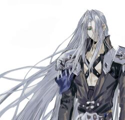 Rule 34 | 1boy, armor, belt, black belt, black coat, blue eyes, chest strap, coat, dissidia final fantasy, final fantasy, final fantasy vii, grey hair, hair over one eye, high collar, highres, long bangs, long hair, looking to the side, male focus, moyanwxy, parted bangs, pauldrons, sephiroth, shoulder armor, simple background, slit pupils, solo, standing, upper body, very long hair, white background