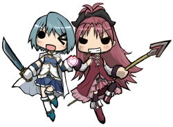 Rule 34 | 10s, 2girls, bad id, bad pixiv id, blue hair, blue skirt, blush, dress, grin, highres, holding, holding sword, holding weapon, lance, long hair, looking at viewer, magical girl, mahou shoujo madoka magica, mahou shoujo madoka magica (anime), miki sayaka, multiple girls, open mouth, polearm, ponytail, rctr, red dress, red hair, sakura kyoko, short hair, simple background, skirt, smile, spear, surcoat, sword, teeth, twintails, weapon, white background