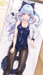 Rule 34 | 1girl, ayaka (genshin impact), bare shoulders, bed, black pantyhose, blue eyes, blue hair, blue one-piece swimsuit, blue skirt, blunt bangs, blunt tresses, blush, breasts, cameltoe, cleavage, covered navel, dress, feet out of frame, flower knot, from above, genshin impact, hair ribbon, highres, light blue hair, long hair, looking at viewer, matrix16, medium breasts, mole, mole under eye, neckerchief, old school swimsuit, one-piece swimsuit, open clothes, open mouth, open shirt, pantyhose, pantyhose under swimsuit, pillow, pleated dress, pleated skirt, ponytail, ribbon, sailor collar, sailor shirt, school swimsuit, school uniform, serafuku, shirt, skirt, unworn skirt, solo, swimsuit, thighs, tress ribbon