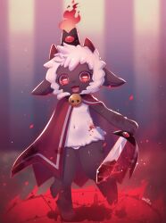 Rule 34 | 1girl, :3, animal ears, black skin, blood, bloody weapon, cameltoe, cape, colored skin, cult of the lamb, fire, fire, full body, furry, furry female, highres, holding, holding sword, holding weapon, horizontal pupils, horns, looking at viewer, magic circle, open mouth, racal ra, red cape, red crown (cult of the lamb), red eyes, sheep ears, sheep girl, solo, standing, standing on one leg, sword, the lamb (cult of the lamb), weapon, white hair