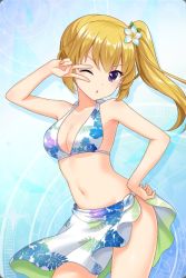 Rule 34 | 1girl, ;o, alternative girls, artist request, bikini, blonde hair, breasts, cleavage, floral print, flower, hair flower, hair ornament, hand on own hip, hibiscus print, medium breasts, mizushima airi, one eye closed, ponytail, purple eyes, sarong, side ponytail, solo, swimsuit, v, v over eye, wink