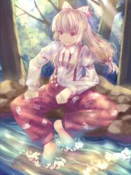 Rule 34 | 1girl, barefoot, bow, f hitomi, forest, fujiwara no mokou, hair bow, hair ribbon, long hair, nature, open mouth, pants, red eyes, ribbon, river, rock, silver hair, sitting, smile, solo, sunlight, suspenders, touhou, tree, water