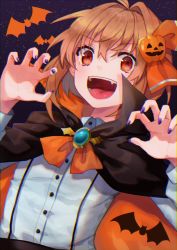 Rule 34 | 13 (spice!!), 1girl, :d, animal print, bat (animal), bat print, black cloak, blonde hair, blue nails, blush, brooch, buttons, chromatic aberration, cloak, collared shirt, evil smile, fang, halloween, halloween costume, hands up, highres, jack-o&#039;-lantern, jewelry, long sleeves, looking at viewer, nail polish, open mouth, orange eyes, orange neckwear, orange ribbon, outstretched hand, pumpkin, purple nails, ribbon, rumia, shirt, short hair, sidelocks, sky, smile, solo, star (sky), starry sky, teeth, tongue, touhou, upper body, white shirt