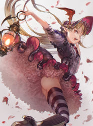 Rule 34 | 1girl, ;d, ass, blonde hair, bonnet, boots, brown eyes, center frills, dress, earclip, eyelashes, fingernails, frills, from below, from side, granblue fantasy, hat, head wings, high heels, highres, holding, knee boots, lantern, long fingernails, long hair, myuu1995, one eye closed, open mouth, outstretched arm, petals, pointy ears, sharp fingernails, shingeki no bahamut, smile, solo, striped clothes, striped thighhighs, thighhighs, vampy, very long hair, white background, wings