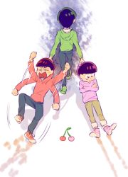 Rule 34 | 10s, 3boys, 720 72, anger vein, brothers, brown hair, cherry, crossed arms, dragging, food, fruit, heart, heart in mouth, hood, hoodie, male focus, matsuno choromatsu, matsuno osomatsu, matsuno todomatsu, multiple boys, osomatsu-kun, osomatsu-san, pout, shadow, shoes, siblings, simple background, sneakers, tantrum, white background