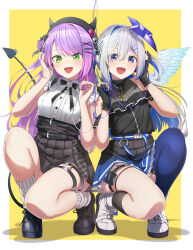 Rule 34 | 2girls, :d, absurdres, amane kanata, amane kanata (3rd costume), angel wings, black bow, black bowtie, black footwear, black gloves, black headwear, black shirt, black skirt, blue eyes, blue hair, blue skirt, blue thighhighs, blush, bow, bowtie, breasts, colored inner hair, commentary request, earphones, fake horns, flat chest, frilled skirt, frills, gloves, green eyes, grey hair, hair ornament, hairclip, halo, heart o-ring, highres, hololive, horned headwear, horns, kneehighs, leg tattoo, long hair, looking at viewer, medium breasts, multicolored hair, multiple girls, o-ring, o-ring thigh strap, official alternate costume, open mouth, orio (hololive), partially fingerless gloves, pink hair, pleated skirt, purple hair, shinomu (cinomoon), shirt, shoes, simple background, single kneehigh, single sock, single thighhigh, skirt, smile, socks, squatting, star halo, streaked hair, tail, tattoo, thigh strap, thighhighs, tokoyami towa, two-tone hair, virtual youtuber, white footwear, white socks, wings, x hair ornament