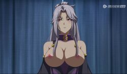 Rule 34 | 1girl, a will eternal, breasts, chinese, chinese anime, chinese clothing, chinese text, donghua, grey hair, highres, large breasts, lipstick, makeup, mature female, nipples, nude filter, screencap, song junwan, third-party edit