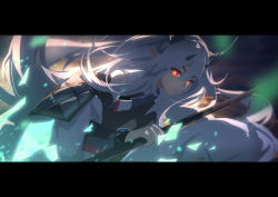 Rule 34 | 1girl, arknights, armor, black shirt, chinese commentary, dadijiji, hair between eyes, highres, holding, holding weapon, horns, japanese armor, letterboxed, light particles, long hair, looking at viewer, matoimaru (arknights), oni horns, orange eyes, pointy ears, robe, shirt, shoulder armor, silver hair, solo, upper body, weapon, white robe