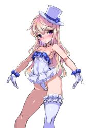 Rule 34 | 1girl, absurdres, armpits, asymmetrical legwear, bare arms, bare shoulders, blonde hair, blue bow, blush, bow, breasts, cleavage, closed mouth, collarbone, covered navel, frilled leotard, frilled thighhighs, frills, gloves, groin, hair between eyes, harigane shinshi, hat, hat bow, head tilt, highres, leotard, long hair, looking at viewer, medium breasts, nose blush, original, pointy ears, purple eyes, simple background, single thighhigh, smile, solo, standing, strapless, strapless leotard, thighhighs, top hat, uneven legwear, very long hair, white background, white gloves, white hat, white leotard, white thighhighs