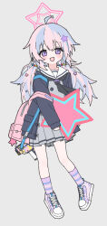 Rule 34 | 1girl, ahoge, backpack, bag, beads, black coat, black neckerchief, blue archive, blush, chinese commentary, coat, commentary request, full body, grey background, grey serafuku, grey skirt, gun, hair beads, hair ornament, halo, highres, holding, holding star, long hair, looking at viewer, low twintails, lurenjia, messy hair, multicolored hair, neckerchief, open clothes, open coat, pink bag, pink hair, pleated skirt, purple eyes, purple hair, purple socks, reisa (blue archive), sailor collar, school uniform, serafuku, shoes, shotgun, shoulder strap, simple background, skirt, smile, sneakers, socks, solo, star (symbol), star hair ornament, star halo, strap slip, striped clothes, striped socks, twintails, two-tone hair, weapon, white sailor collar