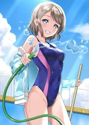 Rule 34 | 1girl, blue eyes, blue jacket, blue one-piece swimsuit, blue sky, cloud, competition swimsuit, contrapposto, cowboy shot, day, empty pool, gorilla-shi, grey hair, grin, highres, hose, jacket, looking at viewer, love live!, love live! sunshine!!, one-piece swimsuit, outdoors, pool, short hair, sky, smile, solo, standing, swimsuit, watanabe you, water