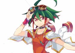 Rule 34 | 1boy, ahoge, choker, dyed bangs, goggles, goggles on head, green hair, holding, holding goggles, looking at viewer, male focus, multicolored hair, red eyes, red hair, red shirt, rento (rukeai), sakaki yuya, shirt, short sleeves, smile, solo, spiked hair, star (symbol), yu-gi-oh!, yu-gi-oh! arc-v