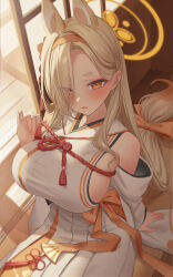 Rule 34 | 1girl, animal ears, blonde hair, blue archive, breasts, detached sleeves, eyes visible through hair, hair over one eye, halo, highres, japanese clothes, jfjf, kaho (blue archive), kimono, large breasts, long hair, looking at viewer, mole, mole under mouth, open mouth, orange background, orange eyes, sitting, solo, thick eyebrows, white kimono, white sleeves