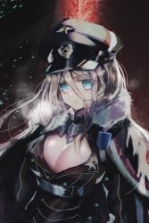 Rule 34 | 1girl, azur lane, bad id, bad pixiv id, bismarck (azur lane), black cape, black coat, black hat, blonde hair, blue eyes, breasts, breath, cape, cleavage, coat, expressionless, fur-trimmed cape, fur trim, gloves, hair between eyes, hand on own chest, hat, highres, large breasts, long hair, looking at viewer, military, military hat, military uniform, niku vacuum, snow, solo, uniform, upper body, white gloves, wind
