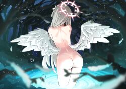Rule 34 | 1girl, absurdres, angel wings, ass, back, bathing, blue archive, branch, completely nude, facing away, feathered wings, feathers, flower, forest, from behind, glowing, hair flower, hair ornament, halo, highres, light brown hair, long hair, low wings, nagisa (blue archive), nature, nude, outdoors, standing, tananne, tree, very long hair, wading, water, white wings, wings