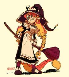 Rule 34 | 1girl, ankle socks, antlers, apron, artist name, black-framed eyewear, black dress, braid, broom, brown footwear, brown hat, brown socks, colored eyelashes, colored sclera, commentary, crownedsaeraph, dragon girl, dragon tail, dress, english commentary, eyes visible through hair, fangs, frilled apron, frills, full body, fur-tipped tail, glasses, gloves, hat, highres, holding, holding behind back, holding broom, horns, juliet sleeves, lace, lace-trimmed dress, lace-trimmed headwear, lace sleeves, lace trim, long hair, long sleeves, looking at viewer, low twin braids, maid, open mouth, orange eyes, orange hair, original, pointy ears, puffy sleeves, red hair, red scales, red sclera, round eyewear, saddle shoes, scales, shadow, shoes, simple background, slit pupils, socks, solo, standing, striped clothes, striped headwear, tail, twin braids, very long hair, witch hat, yellow background