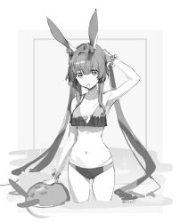 Rule 34 | 1girl, amiya (arknights), animal ears, arknights, arm up, armpits, bikini, bracelet, breasts, collarbone, commentary, greyscale, hair between eyes, hair tie, hair tie in mouth, highres, jewelry, long hair, looking at viewer, medium breasts, midriff, monochrome, mouth hold, navel, olys, rabbit ears, sidelocks, solo, sparkle, swimsuit, symbol-only commentary, twintails, twitter username, very long hair, wading, water, watermark