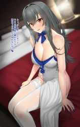 Rule 34 | 1girl, absurdres, azur lane, bare shoulders, blue scarf, blush, breasts, cleavage, collarbone, dress, grey hair, highres, karakari, large breasts, long hair, looking at viewer, official alternate costume, red eyes, saint-louis (azur lane), saint-louis (holy knight&#039;s resplendence) (azur lane), saint-louis (holy knight&#039;s resplendence) (azur lane), scarf, smile, solo, thighhighs, thighs, translation request, white dress, white thighhighs
