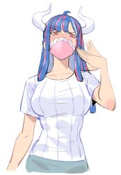 Rule 34 | 1girl, ahoge, blue hair, blush, covered mouth, curled horns, dinosaur girl, fanning self, horns, long hair, mask, mouth mask, multicolored hair, one piece, pink eyes, pink hair, pink mask, raine (acke2445), shirt, solo, streaked hair, sweat, ulti (one piece), white background, white shirt
