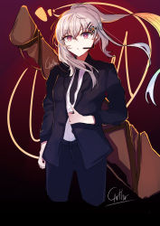 Rule 34 | 1girl, absurdres, alternate costume, anti-materiel rifle, arthur (aseo), bag, bag behind back, black jacket, black necktie, black pants, bullpup, collared shirt, girls&#039; frontline, gradient background, gun, hair ornament, hairclip, headset, highres, holding, holding clothes, holding jacket, iws 2000 (girls&#039; frontline), jacket, long hair, long sleeves, looking away, necktie, open clothes, open jacket, pants, parted lips, ponytail, prototype design, red eyes, rifle, shirt, signature, silver hair, sleeves rolled up, sniper rifle, solo, strap, weapon, weapon bag, white shirt