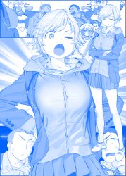 Rule 34 | 2boys, blue theme, braid, breasts, closed eyes, closed mouth, crossed arms, faceless, faceless male, getsuyoubi no tawawa, glasses, hand on arm, highres, himura kiseki, large breasts, long sleeves, monochrome, multiple boys, one eye closed, open mouth, pleated skirt, short hair, single braid, skirt, standing, zipper
