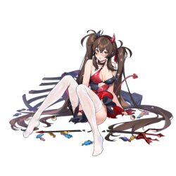 Rule 34 | 1girl, asymmetrical gloves, between legs, black choker, black dress, black gloves, blush, bow, breasts, broken, broken weapon, brown hair, candy, choker, criss-cross halter, demon horns, dress, eyeball, fake horns, feet, flower, food, full body, girls&#039; frontline, gloves, hair bow, hair flower, hair ornament, halloween costume, halterneck, hand between legs, horns, large breasts, legs, long hair, looking at viewer, nagu, no shoes, official alternate costume, official art, open mouth, polearm, polka dot, polka dot bow, qbz-97, red bow, red dress, red gloves, simple background, sitting, solo, thighhighs, toes, torn clothes, transparent background, trident, twintails, two-tone dress, type 97 (girls&#039; frontline), type 97 (gretel the witch) (girls&#039; frontline), very long hair, weapon, white thighhighs, yellow eyes