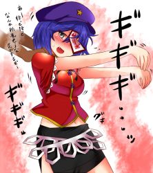 Rule 34 | 1girl, beret, blue hair, blush, breasts, expressive clothes, fang, female focus, grey eyes, hands on shoulders, hat, looking back, midriff, miyako yoshika, navel, ofuda, open mouth, outstretched arms, roki (hirokix), short hair, side slit, skirt, smile, star (symbol), touhou, translation request, uncommon stimulation, zombie pose