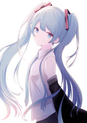 Rule 34 | 1girl, bare shoulders, blue eyes, blue hair, blue necktie, closed mouth, collared shirt, detached sleeves, from side, frown, hair ornament, hatsune miku, highres, long hair, long sleeves, looking at viewer, looking to the side, necktie, shirt, simple background, solo, twintails, upper body, very long hair, vocaloid, white background, white shirt, wide sleeves, wing collar, yuzuaji