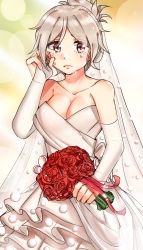 Rule 34 | 1girl, bare shoulders, bouquet, breasts, bridal gauntlets, bridal veil, brown eyes, cleavage, dress, elbow gloves, eramey, flower, folded ponytail, gloves, grey hair, highres, large breasts, league of legends, looking at viewer, red rose, riven (league of legends), rose, short hair, solo, strapless, strapless dress, tears, veil, wedding dress, white dress, wiping tears