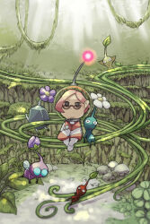 Rule 34 | 1girl, alien, black eyes, blue eyes, blue pikmin, brittany (pikmin), bud, buttons, cliff, closed mouth, clover, commentary request, crossed legs, dappled sunlight, eyelashes, flower, glasses, helmet, insect wings, leaf, light smile, naru (wish field), nintendo, pikmin (creature), pikmin (series), pink hair, pink light, pink skirt, plant, pointy ears, pointy nose, purple flower, radio antenna, red-framed eyewear, red pikmin, rock, rock pikmin, short hair, sitting, skirt, solid oval eyes, space helmet, spacesuit, sunlight, triangular eyewear, vines, whistle, white flower, winged pikmin, wings, yellow pikmin