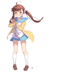 Rule 34 | 1girl, :o, ahoge, blue scrunchie, blue skirt, blush, brown eyes, brown footwear, brown hair, brown jacket, closed mouth, collarbone, commentary request, full body, grey background, hair ornament, hair scrunchie, hairclip, hands up, highres, jacket, kneehighs, legs apart, loafers, long hair, long sleeves, looking at viewer, miniskirt, necktie, nisekoi, onodera haru, open clothes, open jacket, open mouth, own hands together, pleated skirt, ponytail, sailor collar, school uniform, scrunchie, shirt, shoes, side ponytail, simple background, skirt, smile, socks, solo, standing, take (user ypzx8253), white background, white shirt, white socks