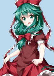 Rule 34 | 1girl, :d, blue background, blush, bow, commentary request, cowboy shot, dress, frilled ribbon, frilled shirt collar, frills, green eyes, green hair, hair between eyes, hair ribbon, head tilt, highres, kagiyama hina, long hair, looking at viewer, open mouth, petticoat, puffy short sleeves, puffy sleeves, red bow, red dress, ribbon, ruu (tksymkw), short sleeves, simple background, skirt hold, smile, solo, touhou