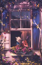 Rule 34 | curtains, danfango, deer, flower, flower box, goat, highres, mouth hold, no humans, open window, original, outdoors, scenery, tree, vase, watering, watering can, window, windowsill