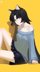 Rule 34 | 1girl, absurdres, animal ear fluff, animal ears, arknights, bare shoulders, black hair, black skirt, brown eyes, closed mouth, collarbone, commentary request, dog ears, facial mark, feet out of frame, forehead mark, grey sweater, highres, knee up, long hair, long sleeves, noraesei, off-shoulder sweater, off shoulder, parted bangs, puffy long sleeves, puffy sleeves, saga (arknights), shadow, signature, simple background, skirt, sleeves past wrists, solo, sweater, very long hair, yellow background