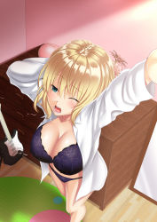 Rule 34 | 1girl, arm up, bare shoulders, blonde hair, bra, breasts, cleavage, collarbone, commentary request, dress shirt, electric guitar, frilled bra, frills, green eyes, guitar, highres, indoors, instrument, large breasts, lingerie, long sleeves, naked shirt, one eye closed, open mouth, original, pajamas, purple bra, shirt, shuko hime, solo, standing, stretching, underwear, yawning, zaregoto tsukai no deshi