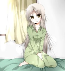 Rule 34 | 1girl, barefoot, bed, blush, female focus, full body, grey hair, highres, indoors, long hair, open mouth, original, pajamas, sitting, solo, yellow eyes