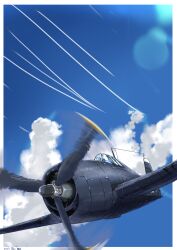 Rule 34 | absurdres, aircraft, airplane, blue sky, cloud, commentary request, day, f6f hellcat, highres, lens flare, motion blur, no humans, original, outdoors, sky, tokiwa senkei