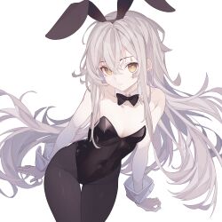 Rule 34 | absurdres, animal ears, bare shoulders, black bow, black bowtie, black pantyhose, bow, bowtie, breasts, brown eyes, chinese commentary, collarbone, commentary request, covered navel, cowboy shot, detached collar, fake animal ears, from above, girls&#039; frontline, grey hair, hair between eyes, head tilt, highres, leotard, long hair, long yue (sskylarks), looking at viewer, pantyhose, parted lips, playboy bunny, rabbit ears, scar, scar across eye, simple background, small breasts, thigh gap, ump45 (girls&#039; frontline), very long hair, white background, wrist cuffs
