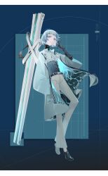 Rule 34 | 1girl, absurdres, android, belt, black footwear, blue eyes, blue hair, blueprint background, corset, expressionless, full body, highres, jacket, jewelry, knee up, light blue hair, liliyfox, long sleeves, looking at viewer, magnetic weapon, mechanical arms, necklace, original, pants, railgun, shirt, short hair, single mechanical arm, solo, white pants, white shirt, wide sleeves
