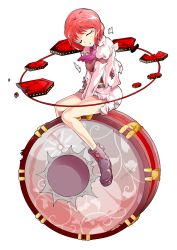 Rule 34 | 1girl, :o, after battle, alphes (style), boots, closed eyes, dairi, damaged, drum, facing viewer, full body, highres, hole, horikawa raiko, injury, instrument, jacket, legs, looking at viewer, necktie, parody, pink hair, purple necktie, red eyes, sad, shirt, short hair, skirt, solo, style parody, tachi-e, tears, torn clothes, torn jacket, torn shirt, torn skirt, touhou, transparent background, v arms
