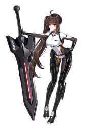 Rule 34 | 1girl, bodysuit, brown hair, counter:side, english text, full body, gloves, greatsword, highres, lee sooyeon, legs, long hair, official art, red eyes, side ponytail, solo, standing, sword, transparent background, very long hair, weapon