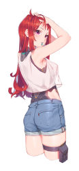 Rule 34 | 1girl, arms up, breasts, covered navel, denim, denim shorts, fangxiang cuoluan, from behind, highleg, highleg leotard, holster, leotard, long hair, medium breasts, original, red eyes, red hair, shorts, simple background, solo, thigh holster, thigh strap