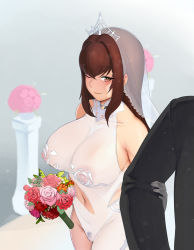 Rule 34 | 1boy, 1girl, absurdres, asymmetrical clothes, bare shoulders, bouquet, breasts, bridal veil, bride, brown eyes, brown hair, closed mouth, clothing cutout, commentary, covered erect nipples, dress, english commentary, flower, frills, from above, groom, hair between eyes, hetero, highres, holding, holding another&#039;s arm, holding bouquet, husband and wife, jewelry, large breasts, last origin, leotard, long hair, looking to the side, moebell, navel, navel cutout, necklace, nipples, one eye closed, paid reward available, revealing clothes, revision, royal arsenal, see-through, sidelocks, solo focus, tiara, tuxedo, veil, wedding, wedding dress, white dress