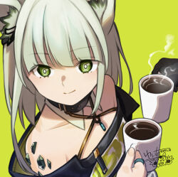 Rule 34 | 1girl, animal ear fluff, animal ears, arknights, bare shoulders, cat ears, cat girl, closed mouth, collarbone, commentary request, cup, dress, green background, green eyes, grey hair, highres, holding, holding cup, kal&#039;tsit (arknights), looking at viewer, material growth, mug, off-shoulder dress, off shoulder, oripathy lesion (arknights), sakake asobi, short hair, signature, simple background, smile, twitter username