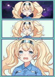 Rule 34 | 1girl, blonde hair, blue eyes, blue shirt, blush, breast pocket, buttons, collared shirt, crying, crying with eyes open, gambier bay (kancolle), hairband, kantai collection, long hair, mitsuyo (mituyo324), multiple views, o o, open mouth, pocket, shirt, tears, twintails