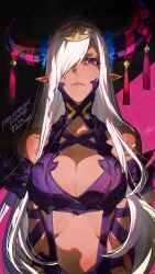 Rule 34 | 1girl, asymmetrical horns, bare shoulders, breasts, cleavage, dark-skinned female, dark skin, dragon girl, fire emblem, fire emblem engage, hair ornament, hair over one eye, highres, horns, large breasts, long hair, mature female, mika pikazo, nintendo, official art, pointy ears, purple eyes, purple ribbon, revealing clothes, ribbon, solo, tan, tassel, tassel hair ornament, uneven horns, zephia (fire emblem)