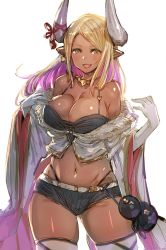 Rule 34 | 1girl, blonde hair, bow (bhp), breasts, camisole, cape, cleavage, dark-skinned female, dark skin, draph, elbow gloves, fur trim, gloves, granblue fantasy, gyaru, horns, jewelry, kumbhira (granblue fantasy), large breasts, long hair, looking at viewer, midriff, multicolored hair, navel, necklace, open mouth, parted bangs, pointy ears, ribbon, short shorts, shorts, smile, solo, standing, thighhighs, white gloves, yellow eyes